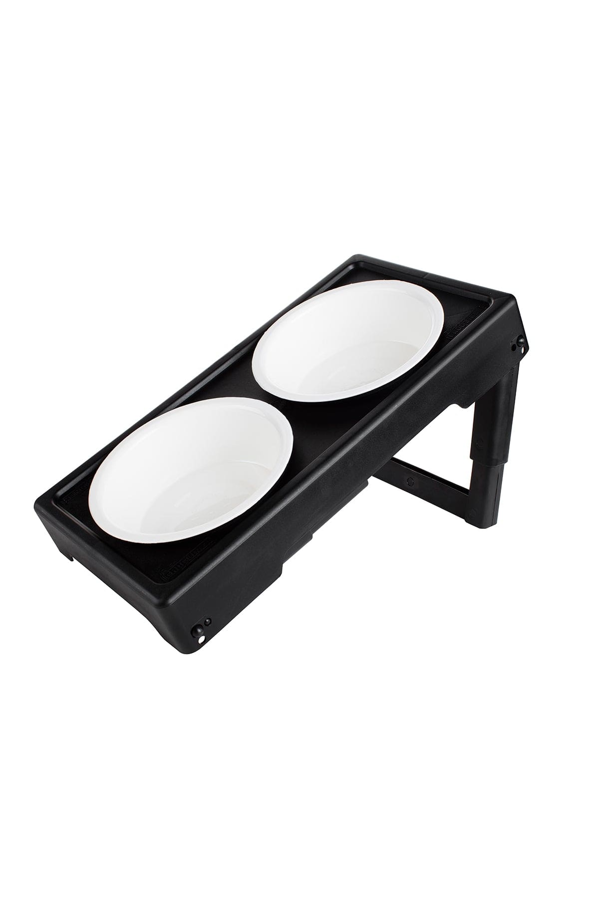 Adjustable Elevated Pet Bowl Stand with Bowls with one leg stand down.