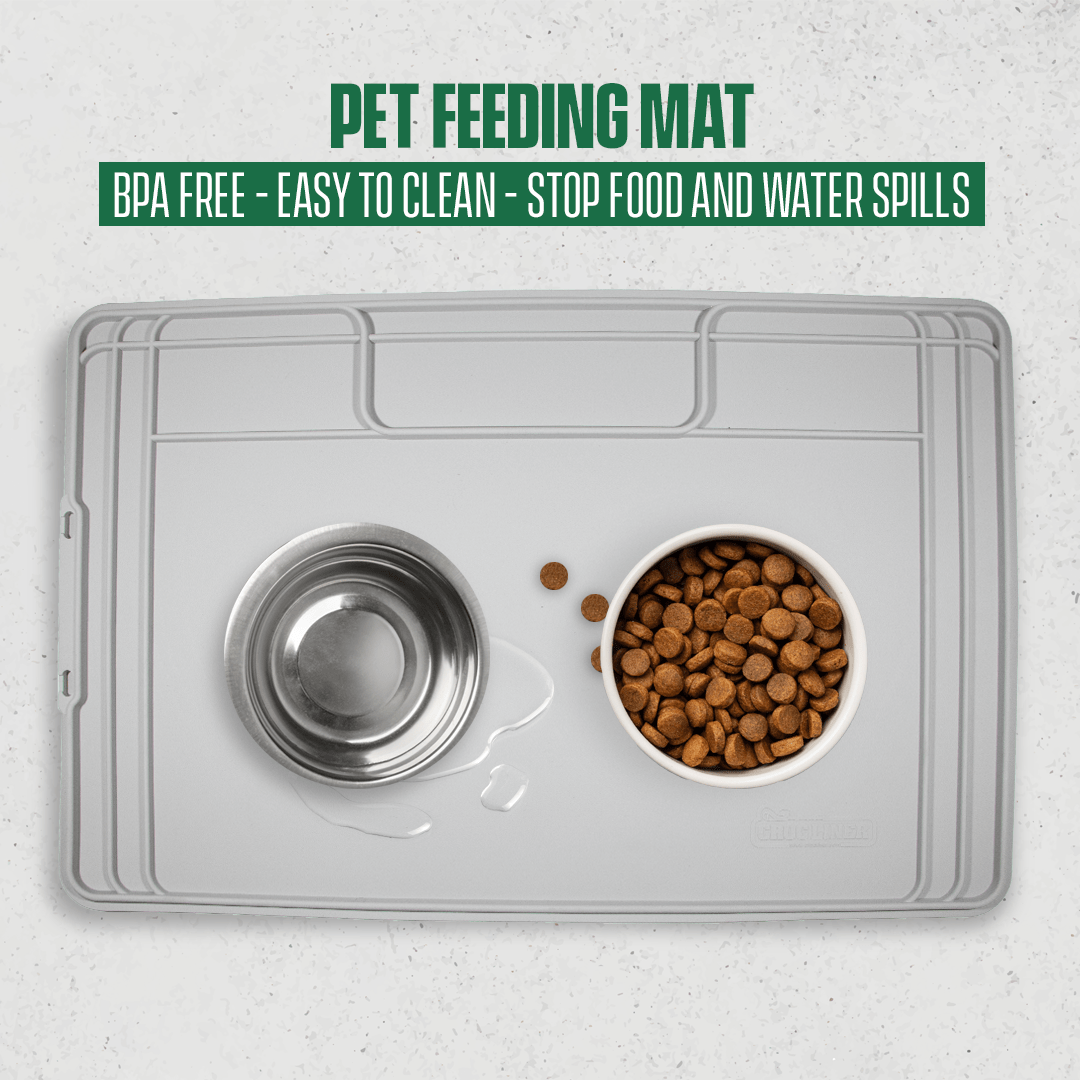 Pet feeding mat with two bowls, one with food and one with spilled water.