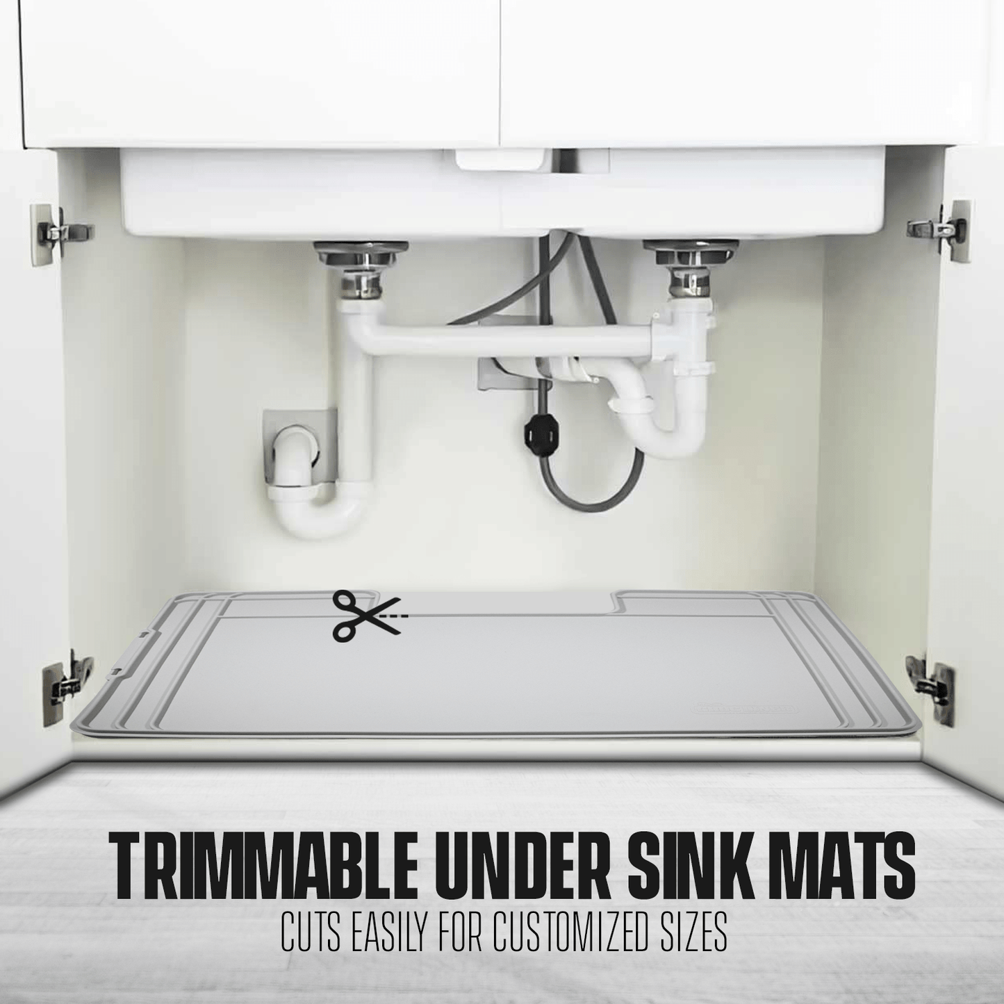The mat under a sink showing that it is able to be trimmed to customize it for any sink size.
