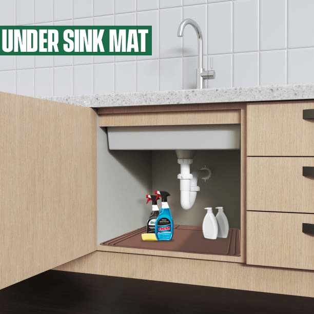 Under sink mat shown under a sink with products on it.