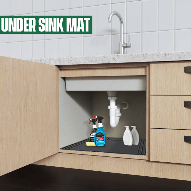 Under sink mat shown under a sink with products on it.