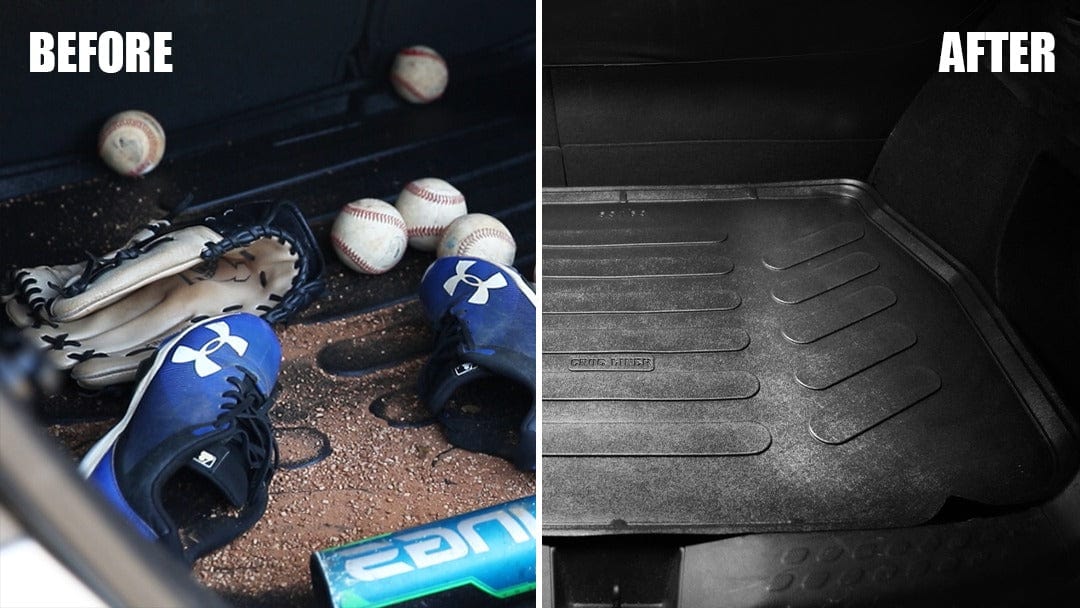 A before and after image of baseball gear and sand on a cargo liner and then in the next image the cargo liner is clean.