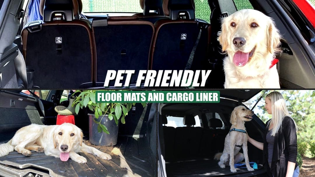 An image of a golden retriever in the back of a car on a cargo liner.