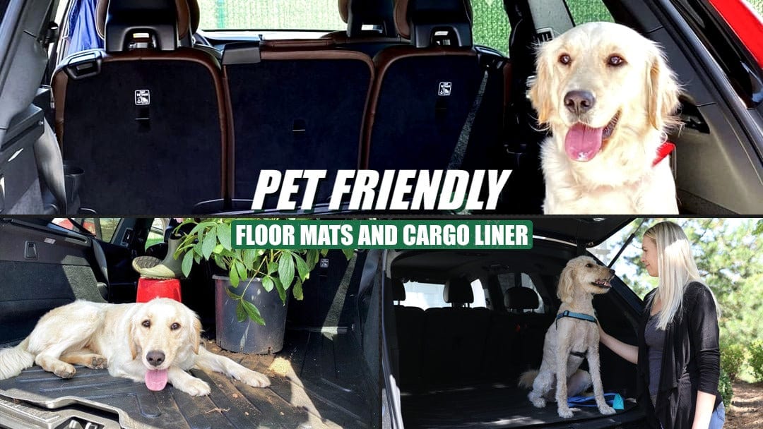 An image of a golden retriever in the back of a car on a cargo liner. 