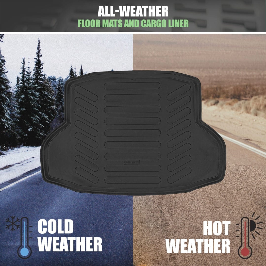 A cargo liner with the words 'all weather floor mats and cargo liner' with half winter and have summer pictures behind it.