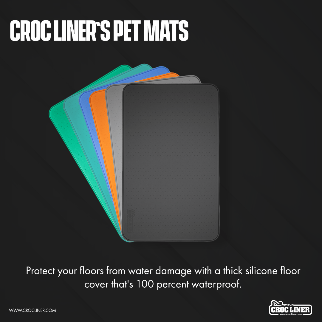 Silicone Pet Feeding Mat graphic that says "protect your floors from water damage with a thick silicone floor cover that's 100 percent waterproof."