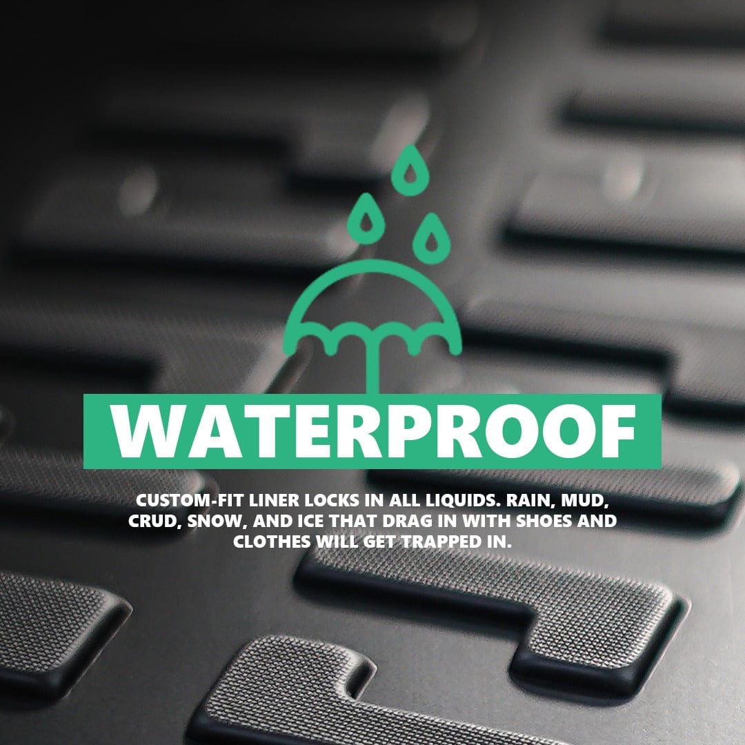 A floor mat with the words 'waterproof' and 'custom-fit liner locks in all liquids. Rain, mud, crud, snow, and ice that drag in with shoes and clothes will get trapped in.'