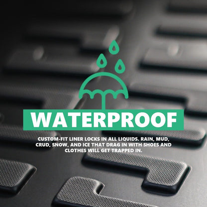 A floor mat with the words 'waterproof' and 'custom-fit liner locks in all liquids. Rain, mud, crud, snow, and ice that drag in with shoes and clothes will get trapped in.'
