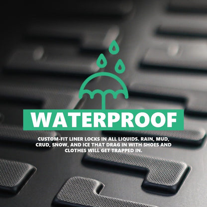  A floor mat with the words 'waterproof' and 'custom-fit liner locks in all liquids. Rain, mud, crud, snow, and ice that drag in with shoes and clothes will get trapped in.'