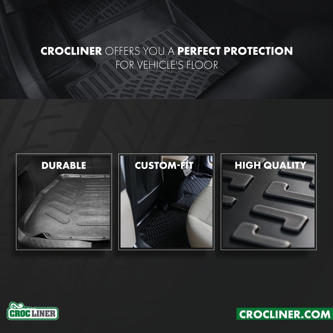 A floor mat with the words 'durable, custom-fit, and high quality" in boxes. The words "Crocliner offers you a perfect protection for vehicle's floor' is above it. 