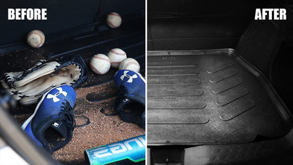 A before and after image of baseball gear and sand on a cargo liner and then in the next image the cargo liner is clean. 