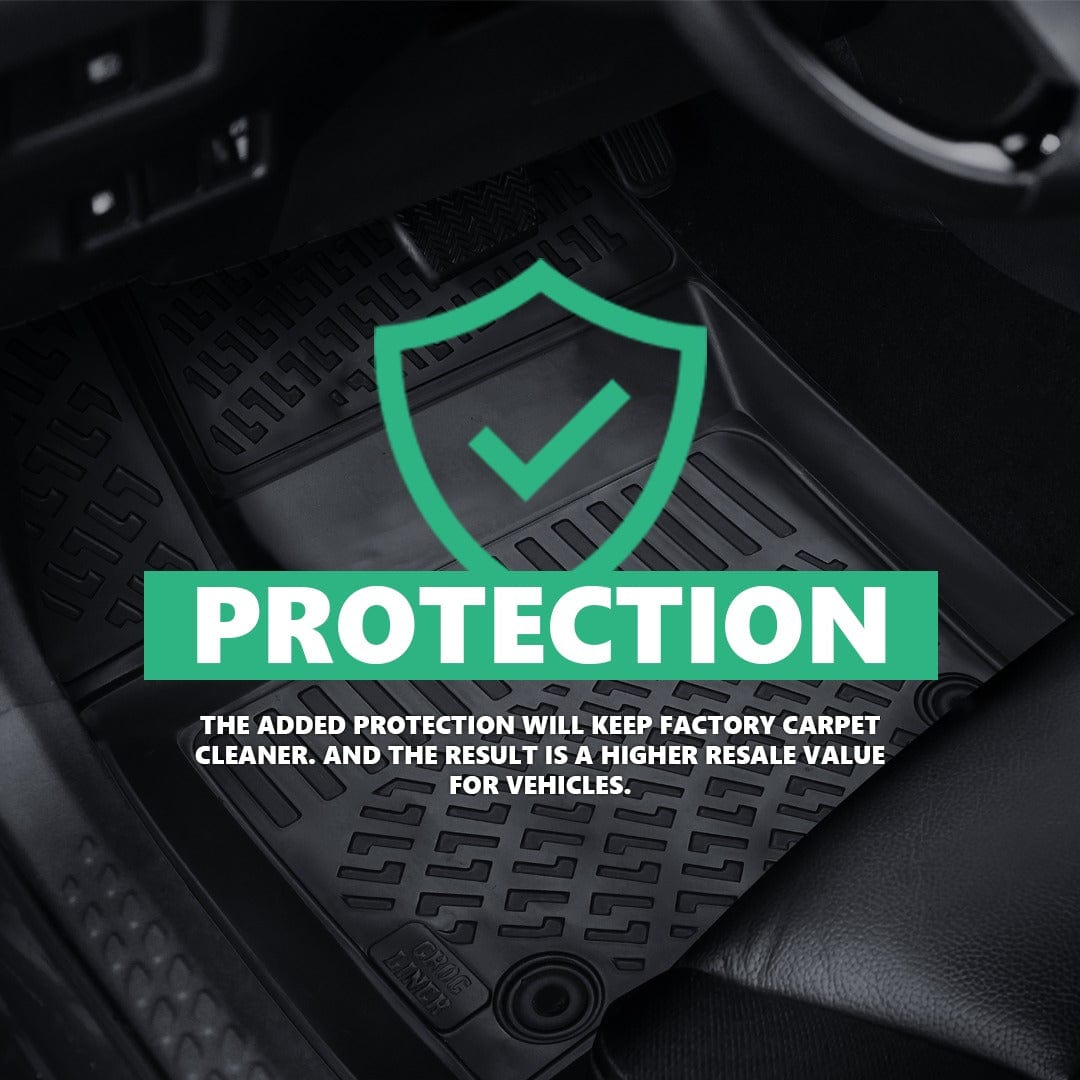 Floor mat with the words 'protection' and 'the added protection will keep factory carpet cleaner. And the result is a higher resale value for vehicles.'